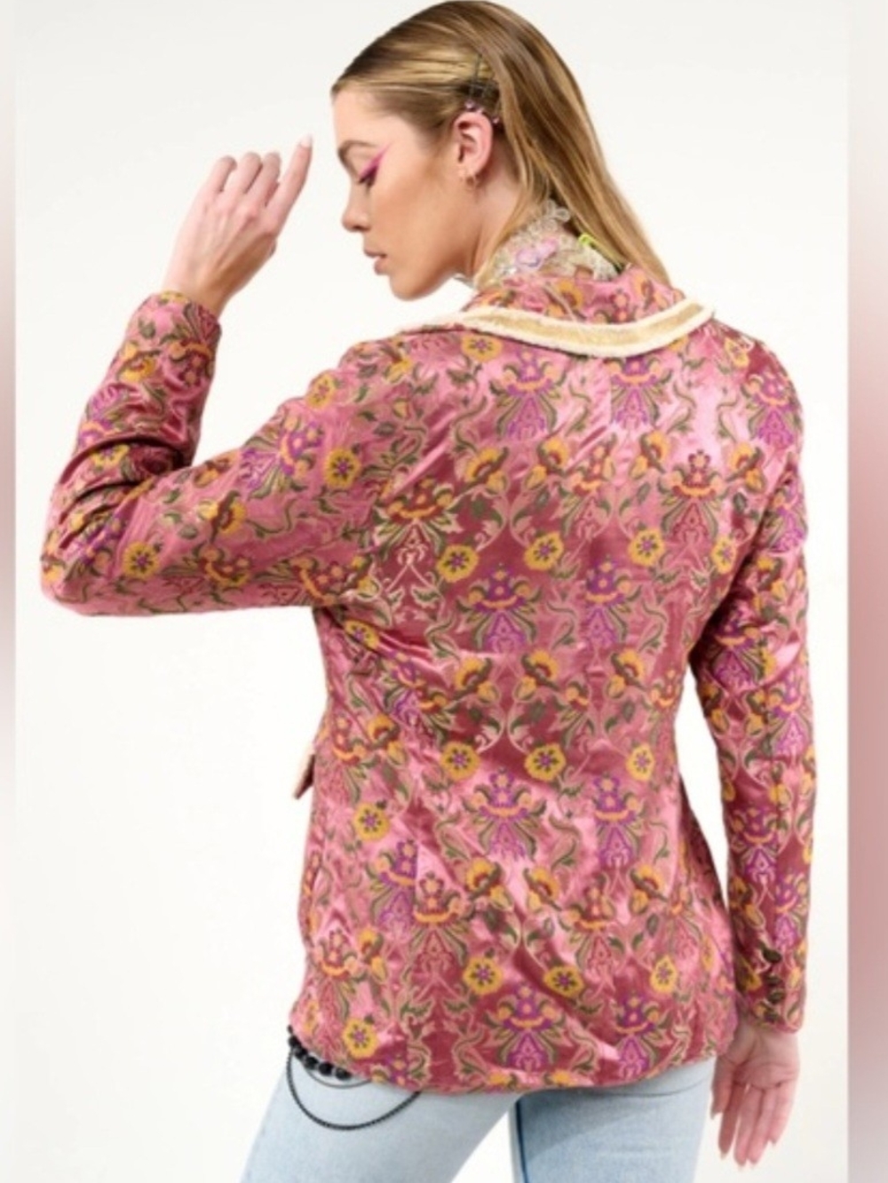 Aratta Floral Pink Velvet Blazer Jacket - Women's - Picture 3 of 10